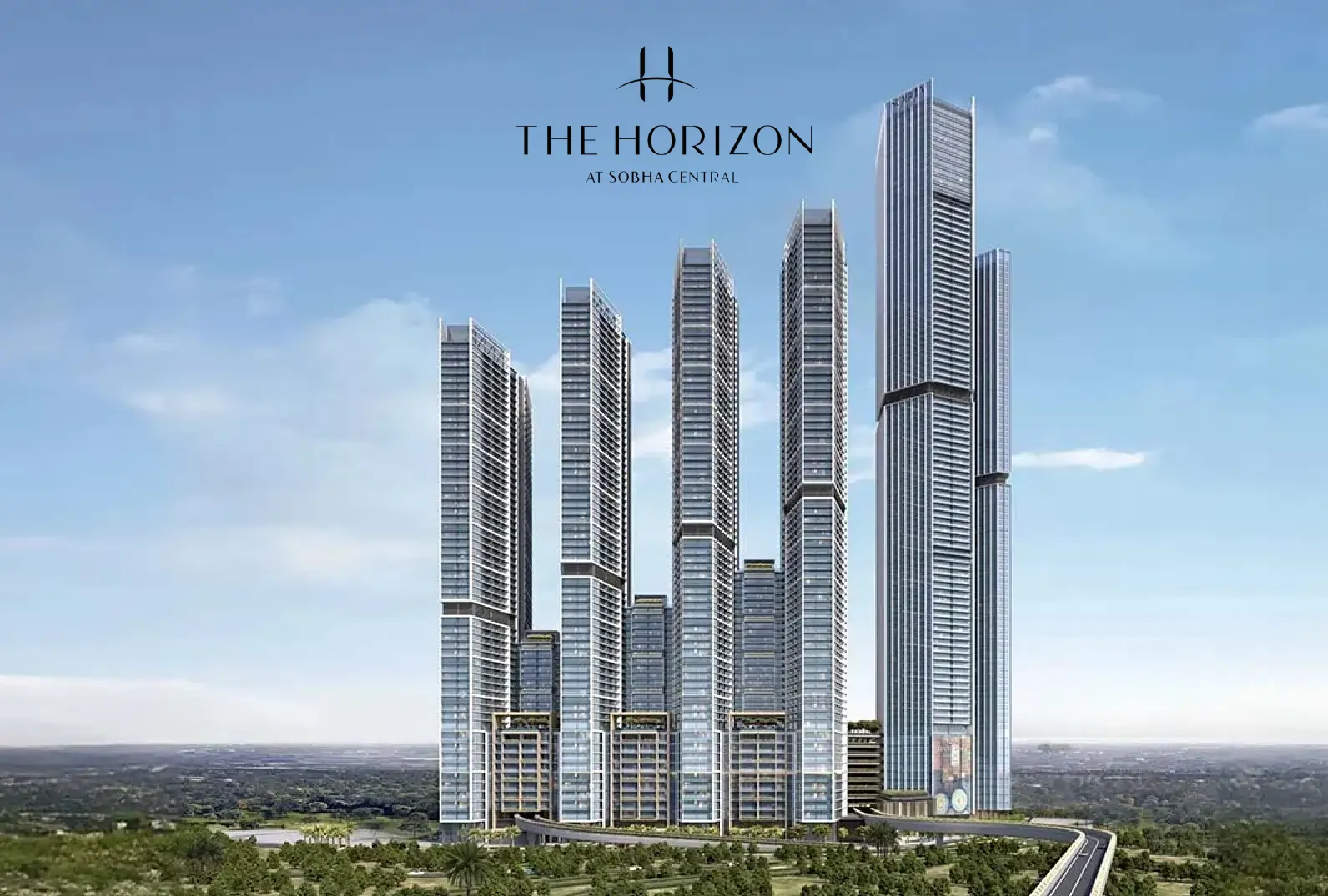 Modern city skyline with tall glass buildings and blue sky